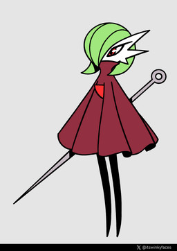 chest_spike cloak clothing cosplay crossover_cosplay female green_hair grey_background hair red_cloak red_clothing red_eyes simple_background solo spikes spikes_(anatomy) standing weapon white_body winkyfaces hollow_knight_(franchise) nintendo pokemon team_cherry hornet_(hollow_knight) gardevoir generation_3_pokemon humanoid pokemon_(species) 2025 absurd_res crossover digital_drawing_(artwork) digital_media_(artwork) hi_res