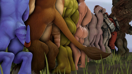 anthro beard butt facial_hair group hands_behind_head hazmat_suit male sergeantdraenei blizzard_entertainment team_fortress_2 valve valve_corporation warcraft engineer_(team_fortress_2) heavy_(team_fortress_2) soldier_(team_fortress_2) bovid bovine draenei dwarf human humanoid mammal monster orc tauren 3d_(artwork) digital_media_(artwork) hi_res source_filmmaker_(artwork)