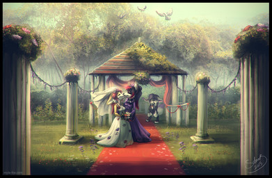 anthro black_body black_border black_fur black_hair border clothed clothing dress duo eyelashes eyes_closed female female/female fur grass group hair kissing long_hair mouth_closed outside pillar plant red_hair tan_body tan_fur tree wedding wedding_dress white_body white_fur white_hair mylafox avian species_request 2015 dated signature