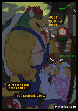 2_horns anthro anthro_on_anthro anthro_penetrated anthro_penetrating anthro_penetrating_anthro arm_hair barazoku beard black_border blonde_hair blush bodily_fluids body_hair border carnivorous_plant chest_hair claws clothed clothed_sex clothing degradation detailed_background dialogue duo eyes_closed facial_hair fellatio finger_claws fire_flower genital_fluids genitals hair horn lighter_belly long_ears looking_pleasured male male/male male_penetrated male_penetrating male_penetrating_male mature_male moan muscular muscular_anthro muscular_male mustache nipples oral oral_penetration overalls overalls_only penetration penile penile_penetration penis penis_grab penis_poking_out pink_nipples plant precum pubes pubes_exposed red_hair sex shell spiked_shell spiked_tail spikes spikes_(anatomy) suspenders tail text turtle_shell vein veiny_hands veiny_penis marius_tygo mario_bros nintendo undertale_(series) asgore_dreemurr bowser boss_monster_(undertale) bovid caprine goat koopa mammal scalie 2025 colored english_text hi_res signature
