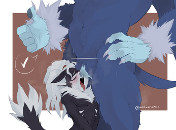 andromorph andromorph/male anthro big_clitoris blue_body blue_fur blush bodily_fluids check_mark claws clitoris cunnilingus duo fur genitals gesture hair hand_gesture intersex intersex/male larger_andromorph larger_intersex male navel nude open_mouth oral piercing service_height sex simple_background size_difference speech_bubble tail thumbs_up tongue tongue_out tongue_piercing vaginal vulva fucked_up_smosh sega sonic_forces sonic_the_hedgehog_(series) sonic_unleashed infinite_(sonic) sonic_the_hedgehog sonic_the_werehog canid canine canis eulipotyphlan hedgehog jackal mammal werecreature wereeulipotyphlan werehog absurd_res digital_media_(artwork) hi_res