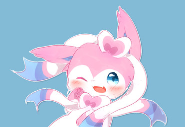ambiguous_gender blue_background blue_eyes chibi daww feral fur kemono one_eye_closed open_mouth open_smile outline pink_body pink_fur semi-anthro simple_background smile solo white_body white_fur white_outline wink deaic nintendo pokemon eeveelution generation_6_pokemon pokemon_(species) sylveon 2017