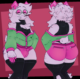 anthro arm_tuft bedroom_eyes big_butt black_clothing black_legwear black_thigh_highs bottomwear bulge butt chest_tuft cigarette clothed clothing eyeshadow eyewear femboy fluffy fur glasses green_clothing head_tuft horn hotpants legwear long_ears makeup male narrowed_eyes off_shoulder pink_eyeshadow pink_horn round_glasses seductive short_tail shorts shoulder_tuft solo sweater tail thick_thighs thigh_highs topwear tuft turtleneck white_body white_fur cryptiacurves cryptiacurves_(modeler) deltarune undertale_(series) ralsei bovid caprine darkner goat mammal 3d_(artwork) digital_media_(artwork)