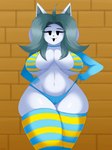 anthro armwear big_breasts bikini breasts choker clothed clothing female grey_hair hair jewelry legwear necklace panties pattern_clothing pattern_legwear solo striped_clothing striped_legwear stripes swimwear text thick_thighs thigh_highs two-piece_swimsuit underwear white_body wide_hips foxsuo undertale undertale_(series) temmie_(undertale) canid canine felid feline mammal tem 2023 3:4 absurd_res digital_media_(artwork) hi_res