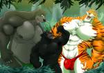 anthro anthrofied armpit_hair big_muscles body_hair claws clothing countershading forest group hands_on_hips huge_muscles jungle looking_up male melanistic muscular muscular_male pecs plant shocked size_difference thong tree underwear jabuhusky third-party_edit disney the_jungle_book bagheera_(jungle_book) baloo shere_khan bear bengal_tiger felid mammal pantherine sloth_bear tiger ursine