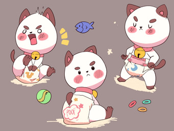 3_toes 4_fingers ambiguous_gender anthro ball bell bell_collar blush blush_lines blush_stickers brown_background brown_body brown_ears brown_fur brown_tail clean_diaper clothed clothing collar diaper eyes_closed feet fingers fur gloves_(marking) hand_on_diaper hands_on_hips leg_markings looking_back markings multicolored_body multicolored_fur open_mouth pattern_diaper pink_collar pink_inner_ear ring shocked simple_background sitting snaggle_tooth socks_(marking) solo standing tail tennis_ball text_on_diaper toes touching_diaper two_tone_body two_tone_fur wearing_diaper white_body white_fur wide_eyed coopitchu bee_and_puppycat cartoon_hangover puppycat aquatic canid canine canis domestic_cat domestic_dog felid feline felis fish hybrid mammal 2022 4:3 hi_res multiple_scenes