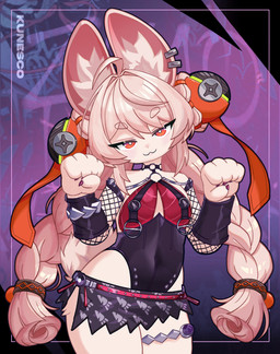 accessory anthro armwear bodysuit braided_hair clothing ear_piercing ear_ring female fishnet_armwear fishnet_clothing hair hair_accessory hip_tilt legband leotard piercing pink_body red_eyes ring_piercing skinsuit smile smug solo thighband tight_clothing kunesco mihoyo zenless_zone_zero zhao_(zenless_zone_zero) lagomorph mammal hi_res