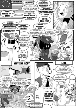 8_panel_comic ambiguous_gender answer anthro biped black_text bow_ribbon breasts butt claws closed_smile clothing dialogue exclamation_point eyebrows eyes_closed eyewear female feral fingers flag fur glasses group hair headpat horn lips looking_at_another motion_lines mouth_closed neck_tuft net one_eye_closed open_mouth open_smile paws pupils quadruped question question_mark questions_and_answers sharp_teeth smile speech_bubble standing talking_to_another teeth text text_box tongue tuft white_pupils white_sclera heavenlyproductions nintendo pokemon team_fortress_2 valve scout_(team_fortress_2) ariados cinderace dewott eeveelution equid equine generation_2_pokemon generation_5_pokemon generation_6_pokemon generation_8_pokemon horse human mammal oshawott pokemon_(species) pony raboot scorbunny sylveon zoroark 2024 absurd_res black_and_white comic english_text hi_res monochrome