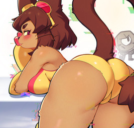 anthro anthro_focus big_breasts big_butt biped blep blush breasts brown_ears brown_hair brown_tail butt clothed clothed_anthro clothed_female clothing duo female female_anthro female_focus hair looking_at_viewer looking_back looking_back_at_viewer machine solo_focus swimwear tail tongue tongue_out yellow_clothing yellow_swimwear whooo-ya gameoverse glitch_productions kaboodle_(gameoverse) kit_bodega domestic_cat felid feline felis mammal robot hi_res