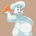 5_fingers apron apron_only black_nose blue_eyes bread bulge chef_hat clothing fingers food fur hat headgear headwear holding_food holding_object male mostly_nude open_mouth open_smile overweight overweight_male simple_background smile solo standing white_body white_fur shamelesss bimbo_(bakery) bimbo_bear bear mammal polar_bear ursine 1:1