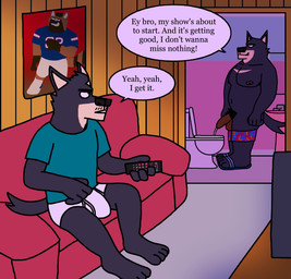 anthro balls barefoot basement bathroom black_body black_fur black_nose black_text bodily_fluids boxers_down briefs clothed clothing controller dialogue duo electronics facial_hair feet flaccid flip_flops footwear foreskin fur furniture genital_fluids genitals green_clothing green_shirt green_t-shirt green_topwear holding_controller holding_object holding_remote_control inside male monotone_briefs monotone_clothing monotone_underwear muscular muscular_male mustache nipples pantsless pantsless_anthro pantsless_male peeing penis poster pubes red_sofa remote_control sandals shirt shoes sink sofa speech_bubble stubble t-shirt television text tighty_whities toilet toony topwear underwear unretracted_foreskin urine wall_(structure) watching_television white_briefs white_clothing white_underwear wood wood_wall eddicus edgar_(eddicus) joel_(eddicus) canid canine mammal english_text hi_res brother_(lore) brothers_(lore) sibling_(lore)