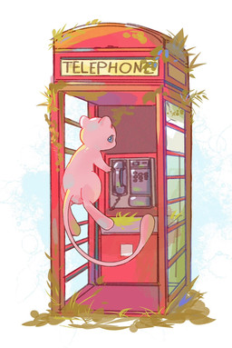 abandoned ambiguous_gender anthro blue_eyes grass looking_at_viewer looking_back moss phone_booth pink_body plant simple_background solo tail text seta629211 nintendo pokemon generation_1_pokemon legendary_pokemon mew_(pokemon) pokemon_(species) 2026 english_text hi_res