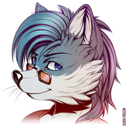 anthro blue_eyes blue_hair cheek_tuft closed_smile clothed clothing eyewear facial_tuft female fur glasses gradient_hair grey_body grey_fur hair inner_ear_fluff looking_at_viewer mouth_closed multicolored_hair pink_hair rectangular_glasses red_clothing red_topwear simple_background smile solo text three-quarter_view topwear tuft two_tone_hair white_background white_body white_fur white_inner_ear_fluff slash_freezen species_request 1:1 artist_name bust_portrait icon portrait