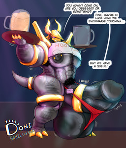 abs accessory alcohol annoyed anthro armor armpit_hair balls beard beer beer_mug beverage big_balls big_muscles big_pecs big_penis blue_light bodily_fluids body_hair clothing cock_ring crop_top facial_hair furgonomics genitals glistening glistening_body gold_(metal) hairy happy_trail holding_object huge_balls huge_pecs huge_penis hyper ineffective_clothing jewelry male muscular nightclub nipple_piercing nipples oiled_body pecs penis penis_accessory penis_jewelry piercing pink_light pubes ring shirt solo sweat tail tail_accessory tail_jewelry tail_ring text thong topwear tray underwear wardrobe_malfunction donisette nintendo pokemon maximiliano_(donisette) aggron generation_3_pokemon pokemon_(species) absurd_res english_text hi_res
