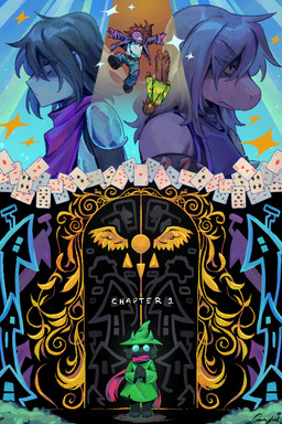 anthro card clothing door eyewear female glasses green_clothing group hat headgear headwear male playing_card shirt text topwear trio goomyloid deltarune undertale_(series) kris_dreemurr ralsei susie_(deltarune) human mammal scalie 2026 2:3 absurd_res hi_res nonbinary_(lore)