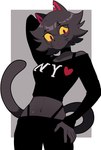 2022 5_fingers anthro black_body black_bottomwear black_clothing black_fur black_hair black_pants black_tail black_topwear bottomwear breasts clothed clothed_anthro clothed_female clothing crop_top digital_drawing_(artwork) digital_media_(artwork) domestic_cat dvampiresmile eye_through_hair eyelashes felid feline felis female female_anthro fingers front_view fur grey_body grey_fur grey_hair grey_tail hair hand_on_hip heart_symbol hi_res long_sleeves mammal midriff navel notched_ear open_mouth pants pepper_(dvampiresmile) portrait shirt simple_background solo tail thong_straps three-quarter_portrait topwear translucent translucent_hair yellow_sclera