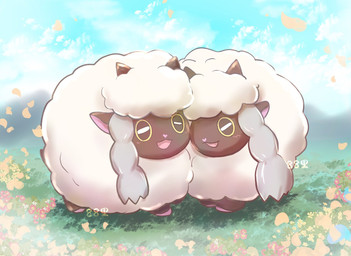 blush cloud detailed_background duo field flower fur grass horn open_mouth open_smile petals plant sky smile text white_body white_fur yellow_eyes yayazato_88 nintendo pokemon generation_8_pokemon pokemon_(species) wooloo artist_name hi_res