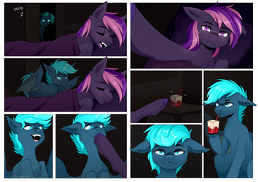 bed_sheet bedding bedroom bendy_straw doorway drinking_straw duo ears_down fangs feral gesture hair hand_gesture juice_box male multicolored_hair open_mouth pivoted_ears pointing sleeping sneaking teeth two_tone_hair buvanybu hasbro my_little_pony bat_pony equid mammal comic