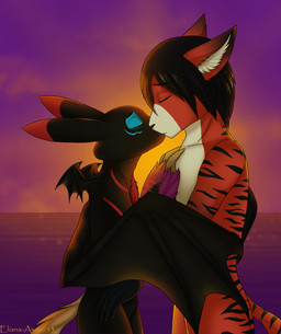 anthro black_body black_fur black_nose detailed_background duo fur hug kissing male membrane_(anatomy) membranous_wings orange_body orange_fur outside romantic romantic_ambiance sea seascape sky stripes sun sunset water wings eliana-asato valheru canid canine felid fox hybrid mammal pantherine tiger 2013 hi_res