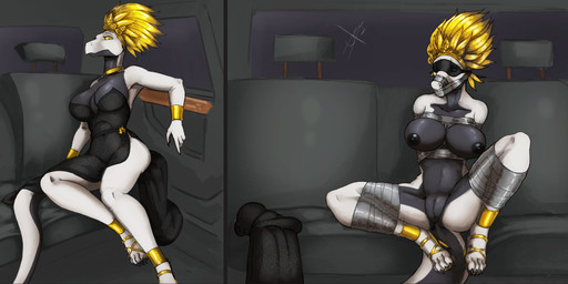 5_fingers anthro areola armor bdsm bent_legs big_breasts black_areola black_body black_clothing black_dress black_markings black_scales blindfold bondage bound bracers breasts broach_(jewelry) car car_interior clothed clothing clothing_lift collar comic_panel dress dress_lift duct_tape feet female female_anthro fingers gag genitals glistening glistening_body gold_(metal) gold_jewelry hands_behind_back headdress jewelry limousine looking_at_viewer luxury_car markings nipples non-mammal_breasts pose presenting presenting_vulva scales sitting solo spread_legs spreading tail tape tape_bondage tape_gag toes vehicle vulva white_body white_scales yellow_eyes spiritalpha mythology ypera_(ayx) dragon mythological_creature mythological_scalie reptile scalie 2026 absurd_res digital_media_(artwork) hi_res
