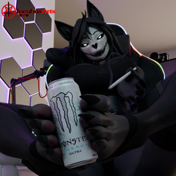 anthro big_breasts black_body black_fur bone breasts clothed clothing drugs feet female female_anthro foot_fetish foot_focus fur gaming_chair getting_high joint marijuana monster_girl_(genre) orange_jumpsuit paws scp-1471 skull smoking smoking_marijuana solo teasing_with_feet toe_grab toes white_eyes incubusarts monolitwec_(modeler) monster_energy scp_foundation scp-1471-a canid canine malo mammal 1:1 absurd_res hi_res