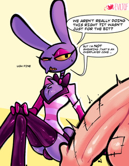 anthro bodily_fluids bulge butt chest_tuft choker clothed clothing cosplay crossover_cosplay doll duo erection eyelashes eyeshadow femboy fur genital_fluids genitals girthy gloves handwear jewelry long_eyelashes looking_at_viewer makeup male necklace penis profanity purple_body questionable_consent rag_doll_(toy) simple_background smile smirk smug smug_face smug_grin solo_focus sweat sweatdrop teeth text tuft twitching eviltqf glitch_productions hazbin_hotel hellaverse the_amazing_digital_circus angel_dust jax_(tadc) ragatha_(tadc) animate_inanimate humanoid lagomorph leporid living_doll mammal rabbit crossover digital_media_(artwork) english_text hi_res