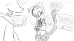16:9 ambiguous_species animal_crossing anthro blush bottomwear campus clothing domestic_cat dragonweirdo duo felid feline felis female greyscale hi_res hoodie jacket kerchief looking_at_another male mammal markings mole_(marking) monochrome neckerchief nintendo olivia_(animal_crossing) pattern_clothing plant shrub skirt smile story story_in_description tail topwear unknown_character widescreen