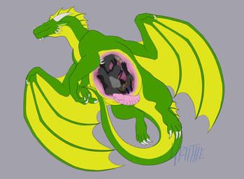 abdominal_bulge anthro belly claws digitigrade ears_down erection eyes_closed feral frill_(anatomy) genitals green_body horn internal male male_pred membrane_(anatomy) membranous_wings multi_eye oral_vore penis pivoted_ears size_difference tail vore wings wriithe mythology avian dragon mythological_creature mythological_scalie scalie hi_res