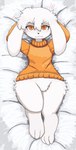 anthro blush blush_lines body_pillow clothed clothing digitigrade female hands_behind_head hearts_around_head looking_at_viewer lying on_back orange_eyes pantsless pillow solo sweater topwear turtleneck white_body commonbleat cave_story ransley_(internetmimiga) lagomorph mammal mimiga hi_res