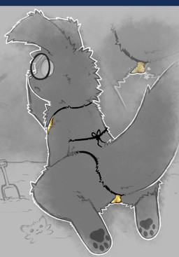 big_tail bikini camel_toe clothing eyewear female fluffy_body genital_focus glasses gold_bikini lying open_mouth pawpads paws raised_arm raised_tail rear_view round_glasses sand semi-anthro shovel simple_background solo sparks sploot swimwear tail tools two-piece_swimsuit resachii golden_week rain_world videocult scholar_(xenope) slugcat hi_res monochrome