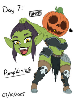 armor big_breasts black_lipstick boots breasts brown_boots brown_clothing brown_footwear cleavage clothed clothing detachable detachable_head eyelashes female food footwear front_view fruit green_body green_skin grey_clothing grey_topwear hair heart_symbol holding_head holding_own_head humanoid_pointy_ears jack-o'-lantern knee_boots knee_highs legwear lipstick looking_at_viewer makeup navel open_mouth open_smile plant pointy_ears pumpkin purple_hair shoes simple_background smile solo tabard text thick_thighs topwear white_background wide_hips yellow_eyes h-fav european_mythology gobtober irish_mythology mythology dullahan goblin humanoid 2025 4:5 absurd_res hi_res