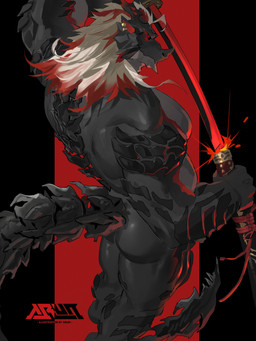 anthro barazoku butt hair katana looking_back male melee_weapon muscular muscular_anthro muscular_male red_eyes solo sword tail weapon arun_six mythology dragon mythological_creature mythological_scalie scalie 3:4 absurd_res hi_res