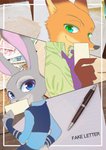 anthro clothed clothing duo fully_clothed fur green_eyes grey_body grey_fur holding_object necktie orange_body orange_fur purple_eyes shirt smile text topwear izumi_h27 disney zootopia judy_hopps nick_wilde canid canine fox lagomorph leporid mammal rabbit red_fox true_fox 2017 english_text