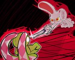 anthro bodily_fluids duo female knife long_ears melee_weapon nervous plushie red_eyes scar simple_background sweat weapon yellow_eyes lizardfungus 2spot_studio bloody_bunny_(series) cc-by-nc creative_commons the_rabbit_with_the_checkered_ears bloody_bunny kockasfulu_nyul lagomorph leporid mammal rabbit 2023 5:4 digital_drawing_(artwork) digital_media_(artwork)