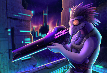 3_fingers anthro arm_feathers arm_tuft avian_caruncle beak city city_background claws clothing eyewear feather_hair feathered_crest feathers finger_claws fingers goggles grey_body gun head_crest holding_gun holding_object holding_ranged_weapon holding_rifle holding_weapon male needle_rifle pseudo_hair raining ranged_weapon red_body red_feathers rifle solo topwear tuft vest weapon wet wet_body rainey_(artist) halo_(series) microsoft xbox_game_studios alien avian kig-yar scalie t'vaoan hi_res