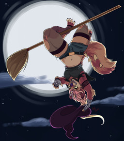 anthro broom broom_riding cleaning_tool clothed clothing facial_piercing female fur furgonomic_piercing furgonomics hair legwear magic_user muzzle_piercing night nose_piercing piercing purple_nose sky solo star starry_sky stockings thick_thighs upside_down witch redpixie canid canine mammal hi_res