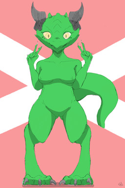 anthro breasts claws digitigrade female genitals gesture green_body green_scales hand_gesture horn non-mammal_breasts nude pattern_background pose scales simple_background smile solo v_sign vulva yellow_eyes viofsa kobold scalie 2:3 absurd_res colored hi_res sketch