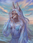 anthro beach blue_clothing blue_dress blue_eyes blue_sky brown_markings clothed clothing cloud dress facial_markings female hair head_markings inner_ear_fluff long_hair looking_at_viewer markings multicolored_eyes orange_eyes outside seaside sky solo tan_body tuft two_tone_eyes white_body white_hair white_inner_ear_fluff marie_merkh alison_holt_(character) canid mammal artist_name half-length_portrait hi_res portrait signature