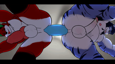 animal_genitalia animal_penis anthro armpit_hair ass_to_ass balls barbel_(anatomy) beard belly_hair black_beard black_body_hair black_ears black_facial_hair black_sclera black_striped_fur blue_body blue_dildo blue_fur body_hair canine_genitalia canine_penis countershading dildo double_dildo double_dildo_in_ass duo emanata erection facial_hair flesh_whiskers fur genitals green_eyes green_inner_ear horn humanoid_genitalia humanoid_penis knot leg_markings looking_pleasured low-angle_view male male/male markings muscular muscular_anthro muscular_male neck_tuft nipples nude penis pink_nipples red_body red_fur red_penis sex_toy sharing_double_dildo sharing_sex_toy socks_(marking) tongue tongue_out tuft white_balls white_body white_countershading white_penis yumi_sakato mythology victor_johansen yumi_(yumisakato) canid canine dragon felid fox hybrid mammal mythological_creature mythological_scalie pantherine scalie tiger 16:9 2026 animated digital_drawing_(artwork) digital_media_(artwork) hi_res widescreen