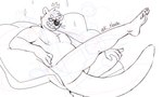 anthro black_nose crown eyebrows headgear looking_at_viewer male nipples nude on_cushion one_eye_closed raised_leg reclining simple_background solo sparkles tail thick_eyebrows whisker_spots white_background wink winking_at_viewer p_rindustries mammal mustelid otter guide_lines hi_res monochrome sketch