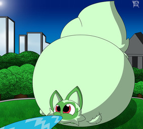 ambiguous_gender belly big_belly detailed_background feral fur green_body green_fur huge_belly hyper hyper_belly inflation liquid_inflation outside red_eyes solo spherical_inflation spitting water_inflation marazi vixenbish nintendo pokemon generation_9_pokemon pokemon_(species) sprigatito 2022 hi_res