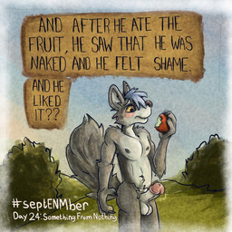 anthro apple balls blue_hair blush circumcised claws day eating embarrassed erection food fruit genitals glans hair humanoid_genitalia humanoid_penis looking_at_genitalia looking_at_penis male nipples nude outside penis pink_glans plant pubes solo text yellow_eyes kittee_mortis septenmber canid canine canis mammal wolf 1:1 digital_media_(artwork) english_text hi_res
