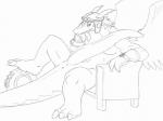 anthro anus big_penis clothing erection eyewear genitals gloves goggles handwear hyper male penis simple_background solo tail thick_tail salamander_(artist) legendz mythology shiron dragon mythological_creature mythological_scalie scalie wind_dragon monochrome sketch