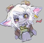 blush clothed clothing female hair looking_at_viewer simple_background smile solo white_hair podo league_of_legends riot_games tencent tristana_(lol) humanoid yordle digital_media_(artwork)