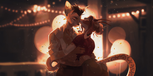 anthro black_hair blurred_background bottomwear brown_bottomwear brown_clothing brown_pants clothed clothing duo ear_piercing ear_ring eyelashes eyes_closed female floppy_ears fur hair happy kissing male male/female markings messy_hair orange_body orange_fur pants piercing red_clothing red_topwear ring_piercing romantic romantic_couple short_hair smile string_lights tail tail_markings topwear unknowhiter antelope bovid domestic_cat felid feline felis hybrid mammal 2020 absurd_res hi_res orange_theme