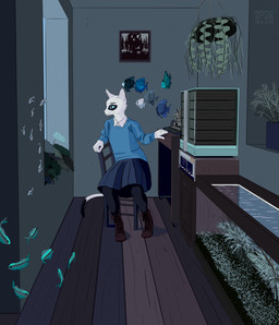 ambiguous_gender anthro aquarium boots bottomwear chair clothed clothed_anthro clothing desk detailed_background dipstick_tail feral floorboards footwear fully_clothed fully_clothed_anthro fur furniture markings realistic shoes sitting skirt solo table tail tail_markings typewriter vivarium whiskers white_body white_fur monoxromatik lilian_(monoxromatik) ambient_fish ambient_sealife domestic_cat felid feline felis mammal 2018 digital_drawing_(artwork) digital_media_(artwork) hi_res nonbinary_(lore)