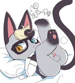 animal_genitalia anthro anus balls bed blonde_hair chibi eyewear fur furniture genitals glasses grey_body grey_fur hair heterochromia lying male on_back penis perineum pillow small_penis solo tapering_penis syuya animal_crossing nintendo raymond_(animal_crossing) domestic_cat felid feline felis mammal hi_res