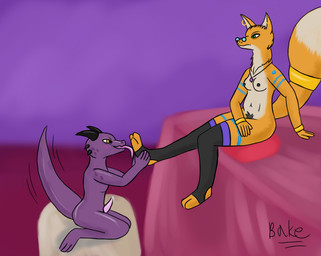 accessory anthro bed bodily_fluids bracelet clothing confusion dipstick_tail dripping duo eyewear feet female foot_fetish foot_lick foot_play frown fur furgonomics furniture genital_fluids glasses green_eyes jewelry legwear licking looking_at_another magic_user male male/female markings necklace nude on_bed precum precum_drip purple_body purple_scales scales simple_background sitting sitting_on_bed sitting_on_pillow size_difference smaller_male smile stockings tail tail_accessory tail_jewelry tail_markings tail_motion tailwag tongue tongue_out yellow_body yellow_eyes yellow_fur bake_a_snake canid canine fox kobold mammal scalie true_fox hi_res