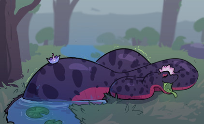 abdominal_bulge ambiguous_gender ambiguous_prey black_body black_scales countershade_scales countershading creek crown digestion duo eyes_closed eyeshadow female female_pred feral feral_pred forest forked_tongue grass green_tongue headgear lily_pad makeup markings multicolored_body multicolored_scales open_mouth plant red_body red_scales scales soft_vore spots spotted_body spotted_scales tongue tongue_out tree vore water eerieviolet ashali reptile scalie snake hi_res