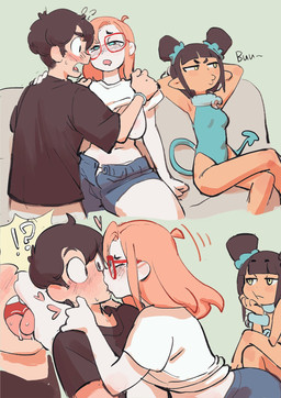 big_breasts black_clothing black_shirt black_t-shirt black_topwear blue_bottomwear blue_clothing blue_eyes blue_shorts blue_tail bodily_fluids bottomwear breasts clothed clothed_female clothed_human clothing crossed_legs eyebrows eyewear female french_kissing glasses group hair hands_behind_head humanoid_pointy_ears interrobang kissing leotard male male/female male_human open_mouth orange_hair pointy_ears red_eyewear red_glasses shirt shorts sitting small_breasts spade_tail surprise_kiss t-shirt tail tears thick_thighs topwear trio unbuttoned unbuttoned_shorts wearing_glasses white_clothing white_shirt white_t-shirt white_topwear wide_eyed colo kyler_(colo) mephia_(colo) rita_(colo) demon demon_humanoid human humanoid mammal tailed_humanoid 2021 digital_drawing_(artwork) digital_media_(artwork) hi_res